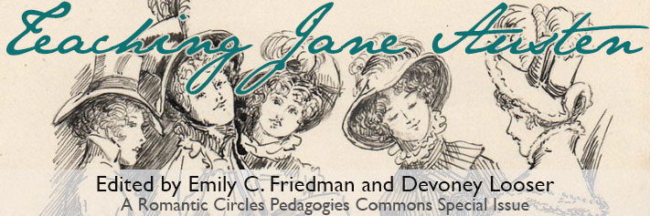 The title, "Teaching Jane Austen," is superimposed over a sketch of five early 19th century women wearing hats and dresses with high collars. 